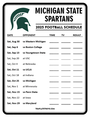 Michigan State Spartans Football 2025
 Printable Schedule - Style 4