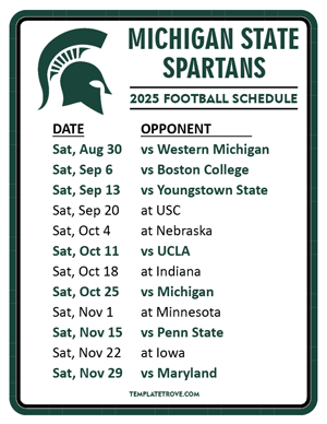 Michigan State Spartans Football 2025
 Printable Schedule