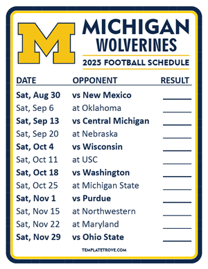 Michigan Wolverines Football 2025
 Printable Schedule  - Style 2
