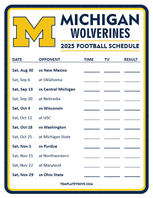 Michigan Wolverines Football 2025
 Printable Schedule - Style 3