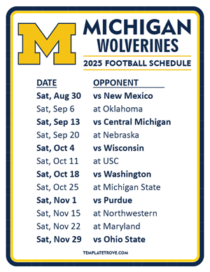 Michigan Wolverines Football 2025
 Printable Schedule
