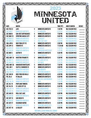 Minnesota United 2025
 Printable Soccer Schedule - Pacific Times