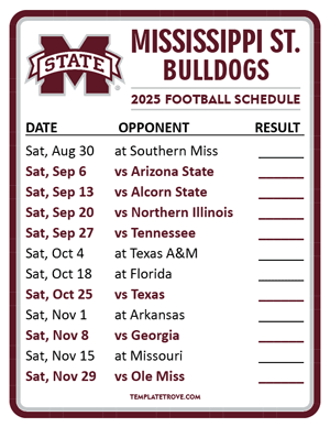 Mississippi State Bulldogs Football 2025
 Printable Schedule  - Style 2