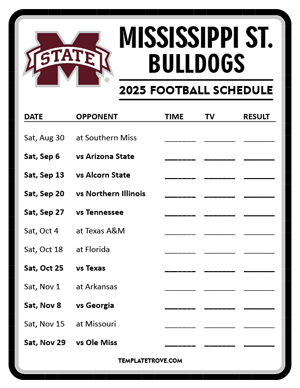 Mississippi State Bulldogs Football 2025
 Printable Schedule - Style 4