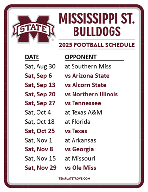 Mississippi State Bulldogs Football 2025
 Printable Schedule