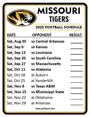 Missouri Tigers Football 2025
 Printable Schedule  - Style 2