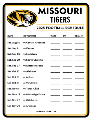 Missouri Tigers Football 2025
 Printable Schedule - Style 3