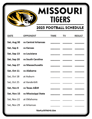 Missouri Tigers Football 2025
 Printable Schedule - Style 4