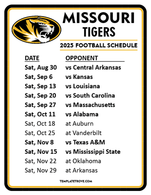 Missouri Tigers Football 2025
 Printable Schedule