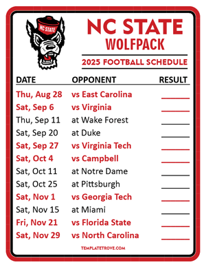 NC State Wolfpack Football 2025
 Printable Schedule  - Style 2