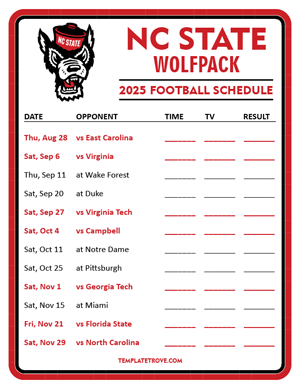 NC State Wolfpack Football 2025
 Printable Schedule - Style 3