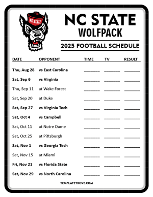 NC State Wolfpack Football 2025
 Printable Schedule - Style 4