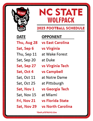 NC State Wolfpack Football 2025
 Printable Schedule