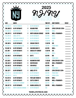 NJ-NY Gotham FC 2025
 Printable Soccer Schedule - Central Times