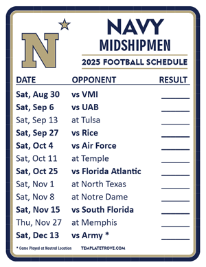 Navy Midshipmen Football 2025
 Printable Schedule  - Style 2