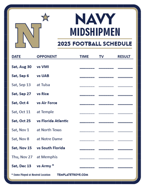 Navy Midshipmen Football 2025
 Printable Schedule - Style 3