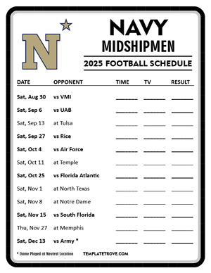 Navy Midshipmen Football 2025
 Printable Schedule - Style 4