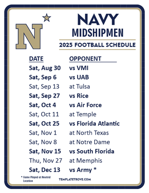 Navy Midshipmen Football 2025
 Printable Schedule