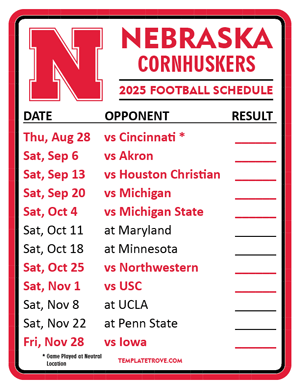 Nebraska Cornhuskers Football 2025
 Printable Schedule  - Style 2