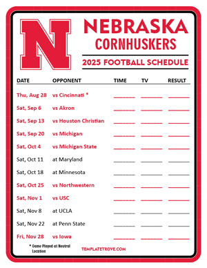 Nebraska Cornhuskers Football 2025
 Printable Schedule - Style 3