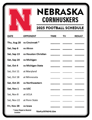 Nebraska Cornhuskers Football 2025
 Printable Schedule - Style 4