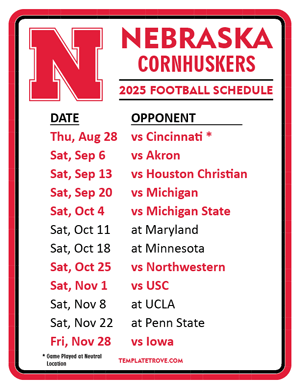 Nebraska Cornhuskers Football 2025
 Printable Schedule