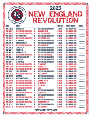 New England Revolution 2025
 Printable Soccer Schedule - Central Times