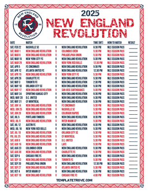 New England Revolution 2025
 Printable Soccer Schedule - Mountain Times