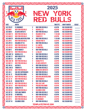 New York Red Bulls 2025
 Printable Soccer Schedule - Pacific Times