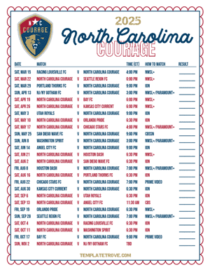 North Carolina Courage 2025
 Printable Soccer Schedule - Central Times