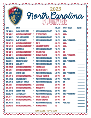 North Carolina Courage 2025
 Printable Soccer Schedule - Pacific Times