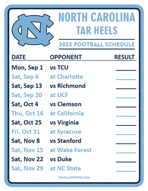 North Carolina Tar Heels Football 2025
 Printable Schedule  - Style 2
