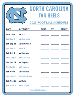 North Carolina Tar Heels Football 2025
 Printable Schedule - Style 3