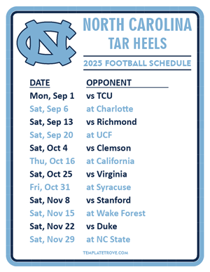 North Carolina Tar Heels Football 2025
 Printable Schedule