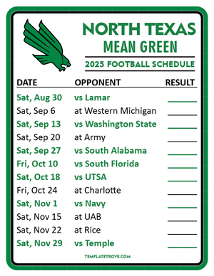 North Texas Mean Green
 Football 2025
 Printable Schedule  - Style 2