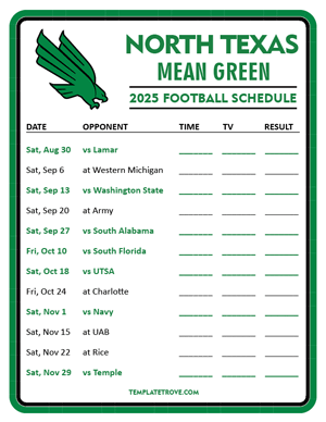 North Texas Mean Green
 Football 2025
 Printable Schedule - Style 3