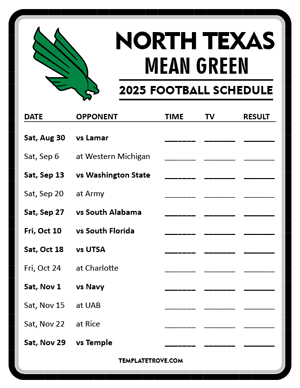 North Texas Mean Green
 Football 2025
 Printable Schedule - Style 4