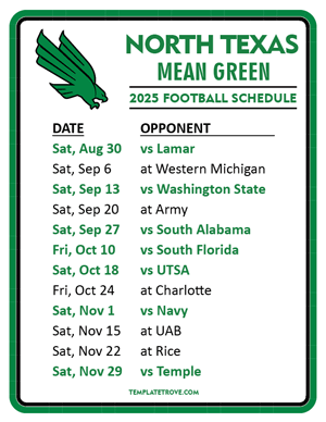 North Texas Mean Green
 Football 2025
 Printable Schedule