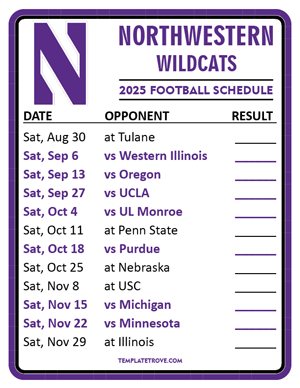 Northwestern Wildcats Football 2025
 Printable Schedule  - Style 2