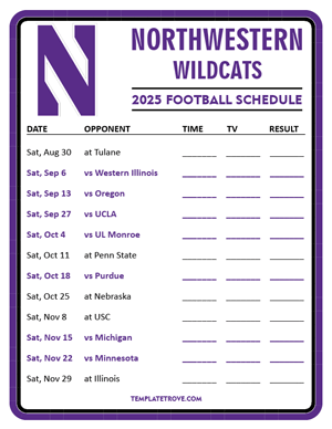 Northwestern Wildcats Football 2025
 Printable Schedule - Style 3