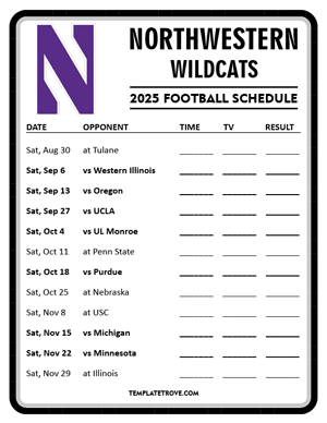 Northwestern Wildcats Football 2025
 Printable Schedule - Style 4