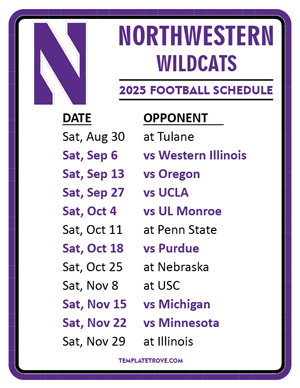 Northwestern Wildcats Football 2025
 Printable Schedule