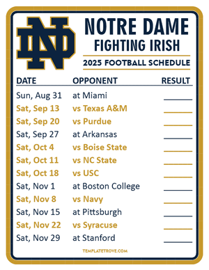 Notre Dame Fighting Irish Football 2025
 Printable Schedule  - Style 2