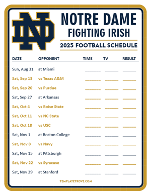 Notre Dame Fighting Irish Football 2025
 Printable Schedule - Style 3