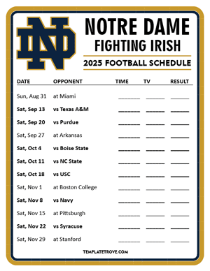 Notre Dame Fighting Irish Football 2025
 Printable Schedule - Style 4
