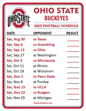 Ohio State Buckeyes Football 2025
 Printable Schedule  - Style 2
