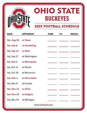 Ohio State Buckeyes Football 2025
 Printable Schedule - Style 3