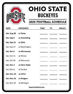 Ohio State Buckeyes Football 2025
 Printable Schedule - Style 4