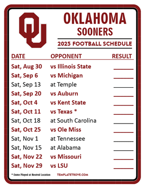 Oklahoma Sooners Football 2025
 Printable Schedule  - Style 2