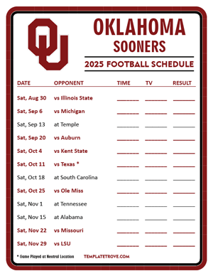 Oklahoma Sooners Football 2025
 Printable Schedule - Style 3